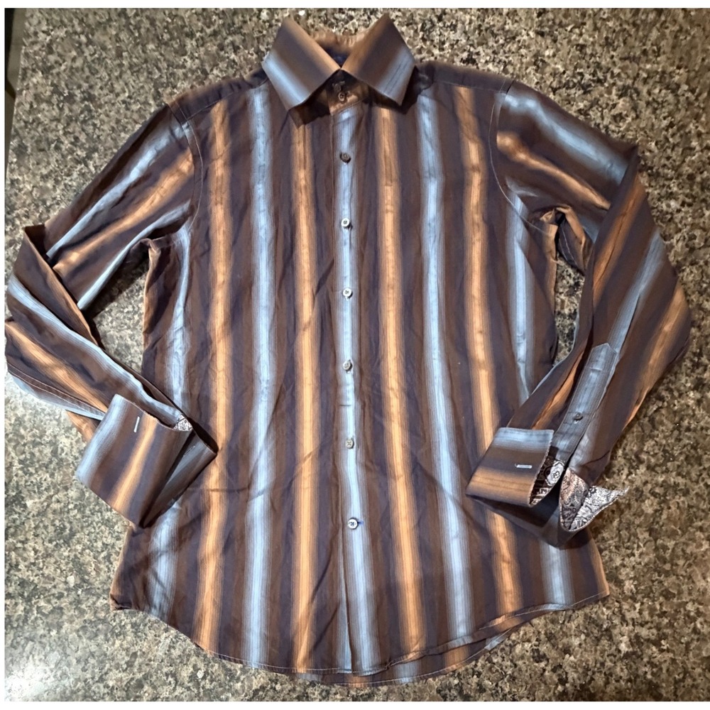 Banana Republic Mens Small Brown Blue Striped Cotton Button Down Paisley Trim